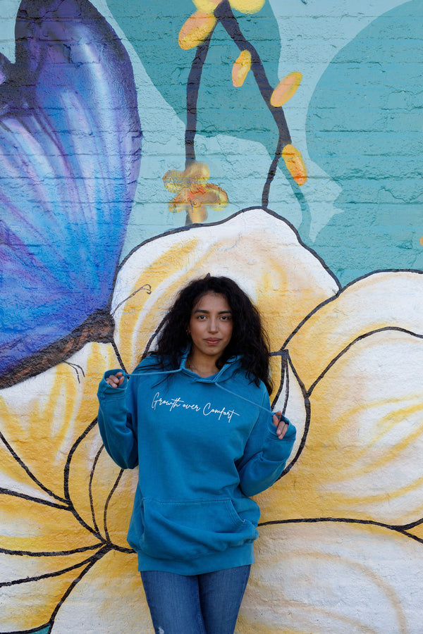 Growth Over Comfort Vintage Wash Lake Blue Hoodie